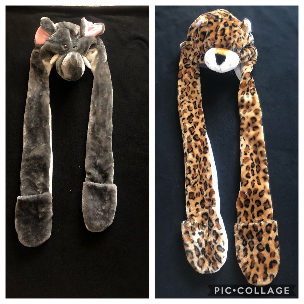 Two character hats with attaching scarf/mitten